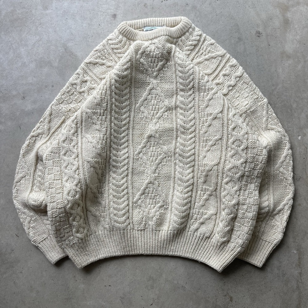 Vintage Aran Crafts Irish Sweater Wool Fisherman Cable Knit Ivory Aran XL